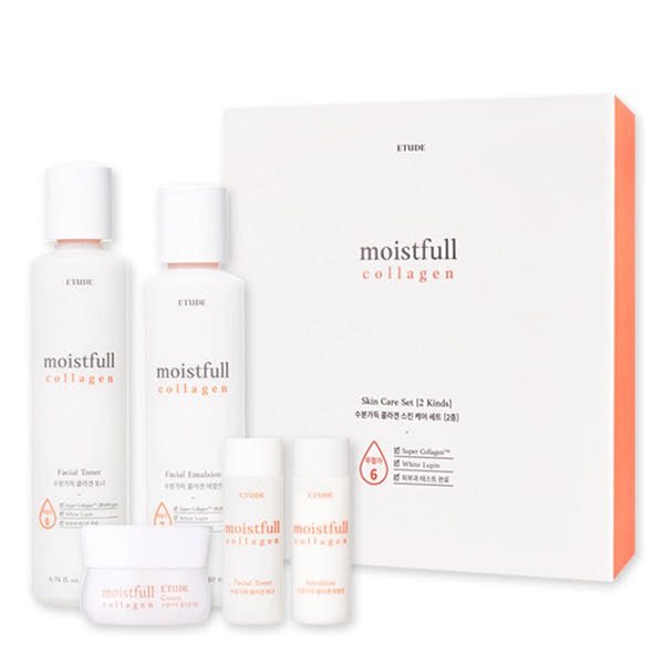 ETUDE Moistfull Collagen Skincare Duo Set with deep hydration featuring toner, emulsion, cream, and serum in white packaging