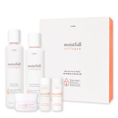 ETUDE Moistfull Collagen Skincare Duo Set with deep hydration featuring toner, emulsion, cream, and serum in white packaging