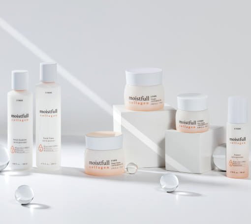 ETUDE Moistfull Collagen Skincare Duo Set with deep hydration in elegant white and peach packaging on white blocks