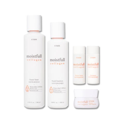ETUDE Moistfull Collagen Skincare Duo Set with deep hydration featuring toner, emulsion, and travel-size skincare items