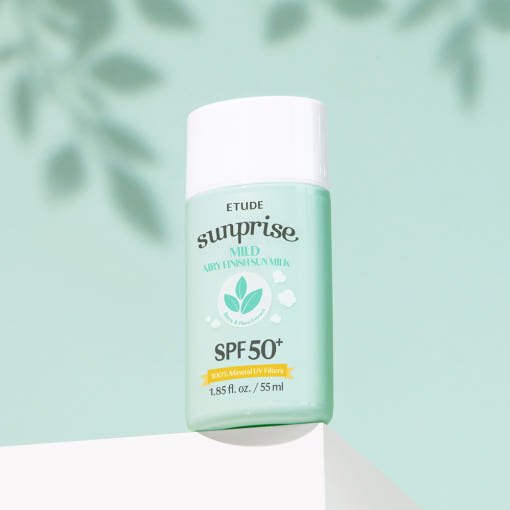 ETUDE Sunprise Mild Airy Finish Sun Milk SPF50+ PA++++ 55ml in pastel green bottle with high protection formula