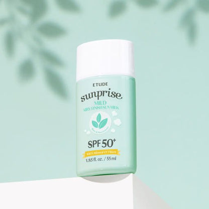 ETUDE Sunprise Mild Airy Finish Sun Milk SPF50+ PA++++ 55ml in pastel green bottle with high protection formula