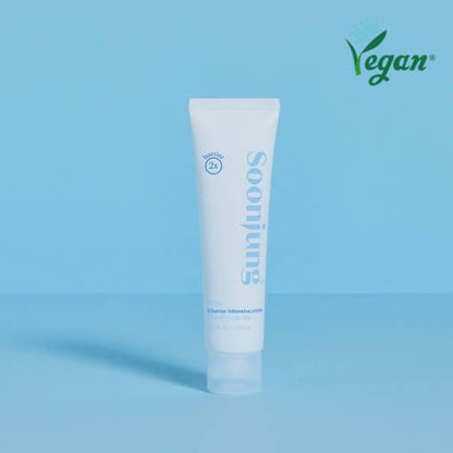 ETUDE Soonjung 2x Barrier Intensive Cream 60ml tube on blue background with vegan emblem for deep hydration benefits