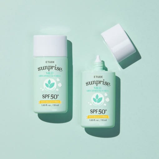 ETUDE Sunprise Mild Airy Finish Sun Milk SPF50+ PA++++ 55ml bottle with cap removed showing sunscreen dispenser