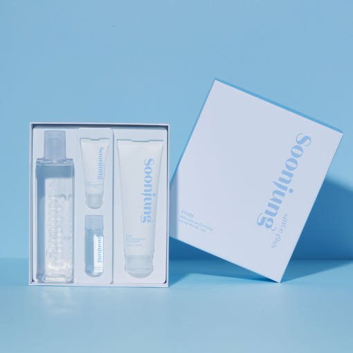 ETUDE Soonjung Skincare Duo Set with clear soothing relief formulas in white and transparent containers on blue background