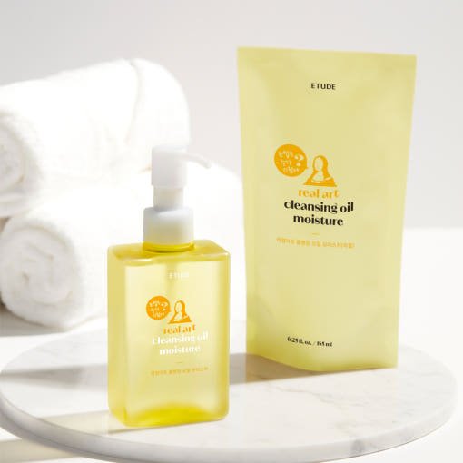 ETUDE Real Art Cleansing Oil Moisture & Refill 185ml+185ml in yellow packaging with pump and refill pouch for moisture retention