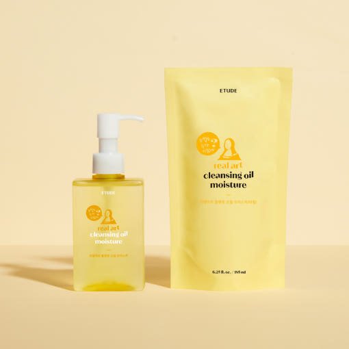 ETUDE Real Art Cleansing Oil Moisture & Refill 185ml+185ml set with yellow packaging emphasizing moisture retention