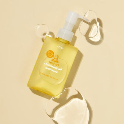 ETUDE Real Art Cleansing Oil Moisture & Refill 185ml+185ml with pump bottle and clear oil drops on beige background