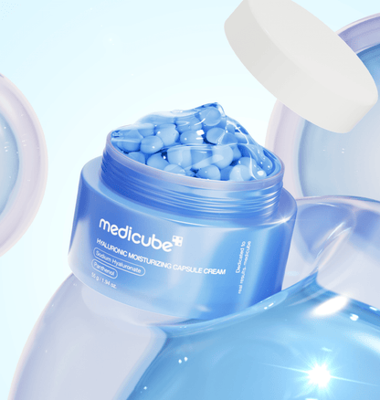 medicube Hyaluronic Moisturizing Capsule Cream 55g in blue jar with deep hydration capsules and gel formula displayed