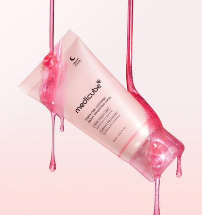 medicube PDRN Pink Caffeine Night Wrapping Mask 75ml in pink tube with glossy dripping gel highlighting skin elasticity.