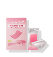 medicube Salmon DNA Collagen 325mg x 15ea with enhanced absorption in pink packaging and an opened sachet