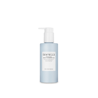 Light blue pump bottle of gentle cleansing milk with moisture retention benefits on plain background