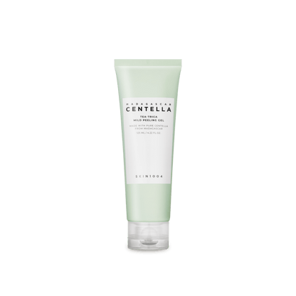 Light green tube of mild peeling gel featuring centella and tea-trica for gentle exfoliation on a white background