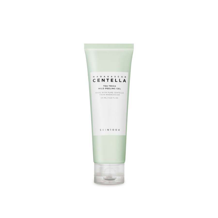 Light green tube of gentle exfoliating peeling gel with white label and clear cap on plain background