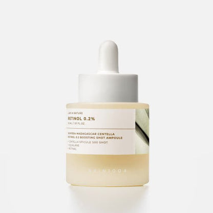Frosted glass dropper bottle with white label showing retinol 0.2% ampoule for wrinkle reduction on light background