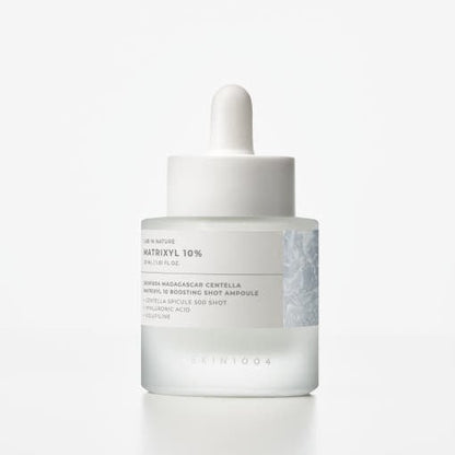 Frosted glass dropper bottle with white cap and label for hydrating boosting shot ampoule on white background