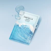 Blue and white sachet of hydrating sheet mask with water droplets on light blue background promoting deep hydration benefits