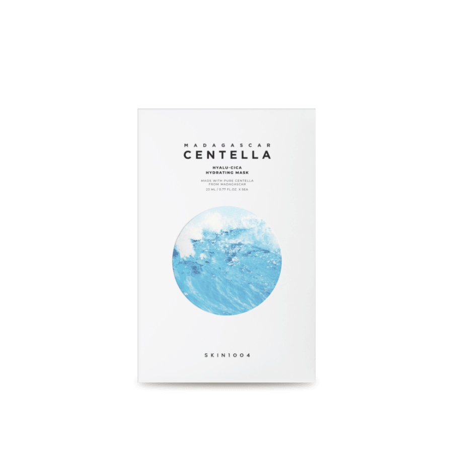 White box packaging of hydrating mask with blue water illustration and minimal black text on front panel