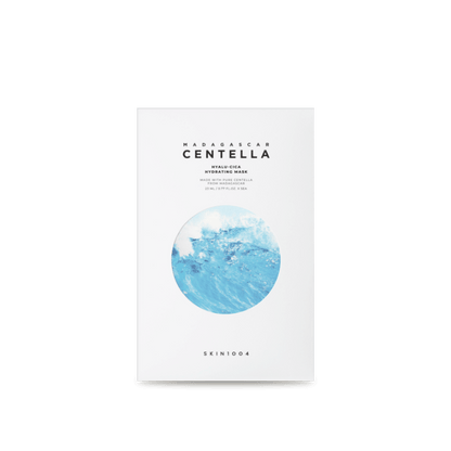 Minimalist white box packaging for hydrating mask featuring blue ocean wave artwork and clean black text design