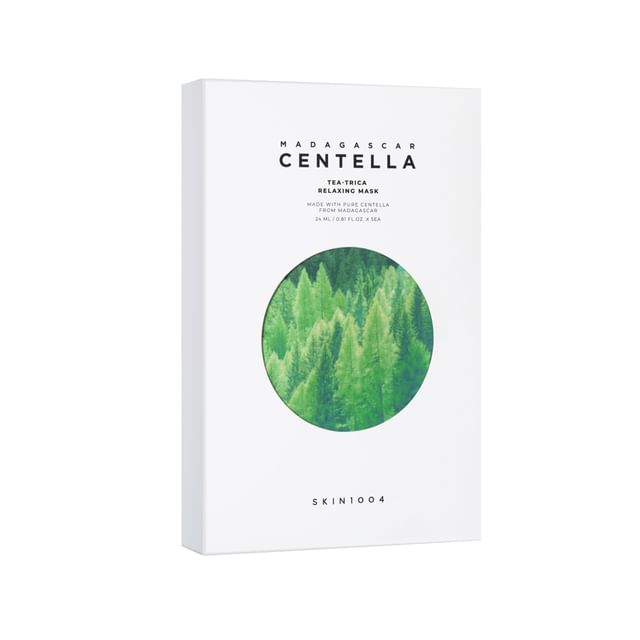 White box packaging of soothing SKIN 1004 Madagascar Centella Tea-Trica Relaxing Mask with green forest circle design
