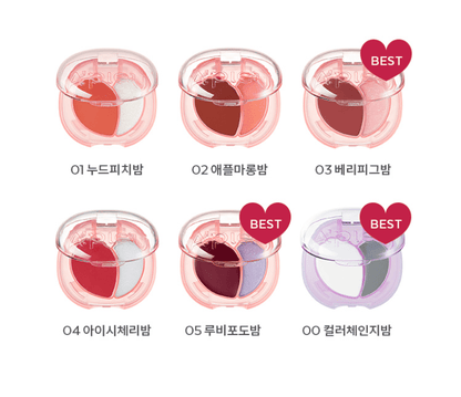 A'pieu Juicy Pang Mood Blending Lip & Cheek Balm 2.3g (6 colors) compact balm featuring dual shaded tones for versatile lip and cheek color.