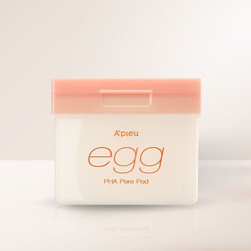 A'pieu Egg PHA Pore Pad 180g/80ea in white container with soft pink lid for gentle exfoliation and pore care