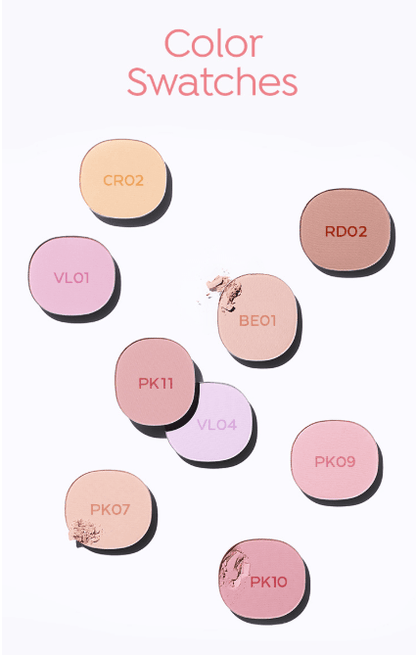 A'pieu Juicy Pang Pastel Blusher 3.7g (9colors) vibrant color swatches arranged on white background showing pastel shades