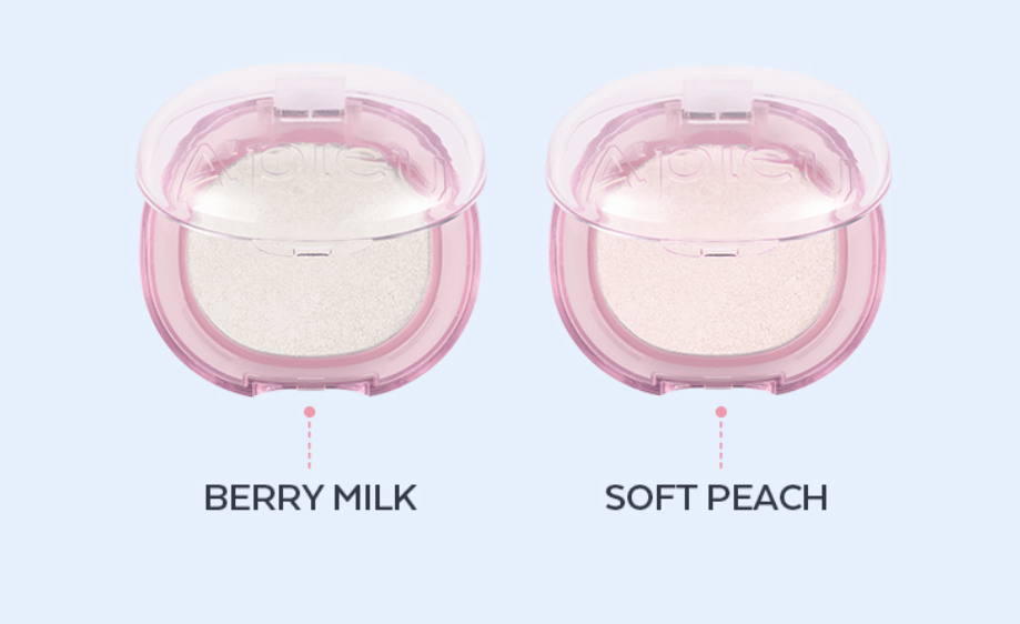 A'pieu Juicy Pang Gleaming Highlighter 4.7g (2 Colors) in soft translucent glow shades Berry Milk and Soft Peach compact cases