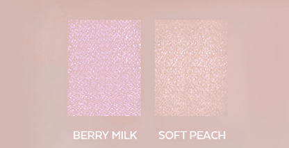 A'pieu Juicy Pang Gleaming Highlighter 4.7g (2 Colors) showing translucent glow shades Berry Milk and Soft Peach textured swatches