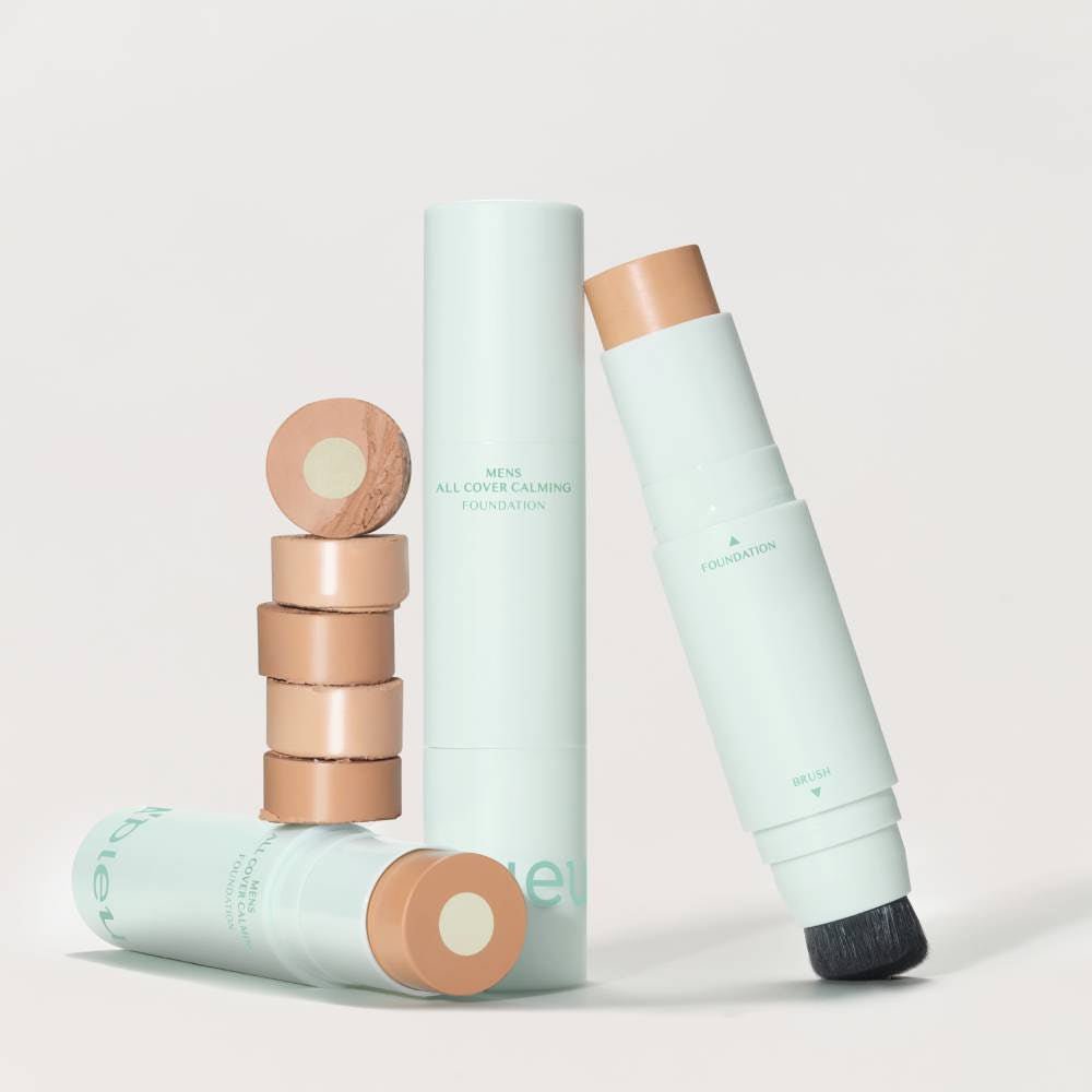 A'pieu Men's All Cover Calming Foundation 12g (2 Colors) in stick form with built-in brush for dual functionality