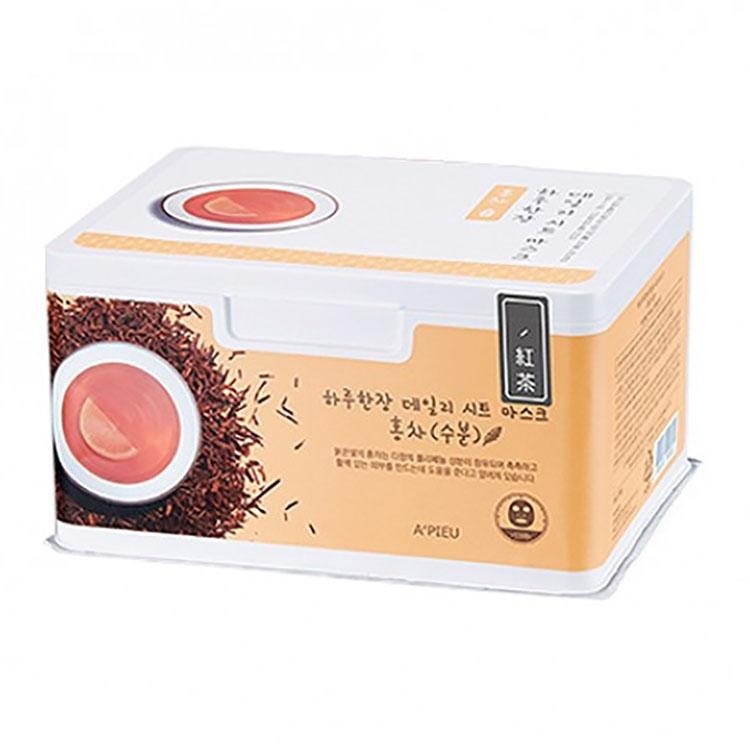 A'pieu Daily Sheet Mask 350ml/30ea #Black Tea in rectangular container promoting daily hydration and skin renewal benefits