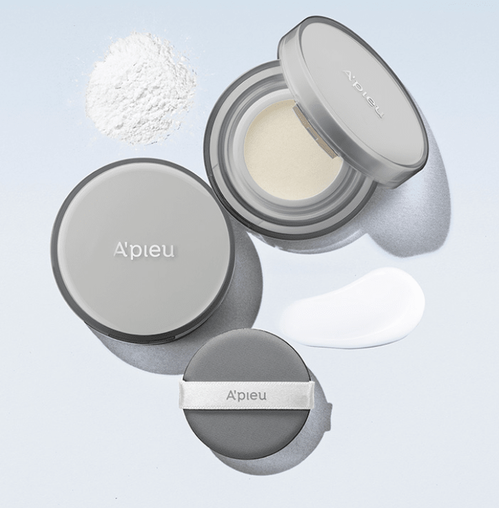 A'pieu Waterlock Finisher Super Velvet MINI 7g with sebum control in sleek gray compact and applicator puff