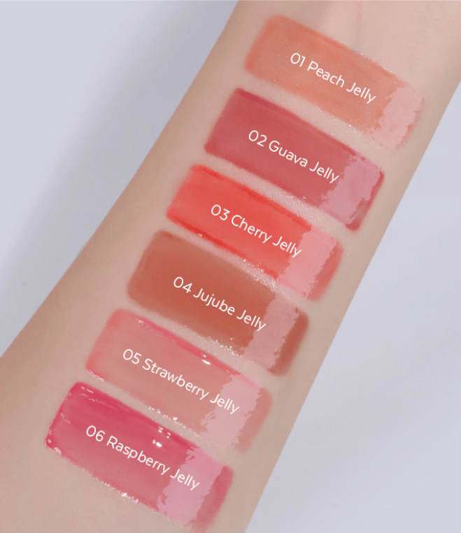 A'pieu Juicy Pang Jelly Tint 3.5g swatches in six jelly shades featuring a hydrating formula on skin.