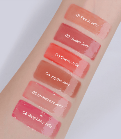 A'pieu Juicy Pang Jelly Tint 3.5g swatches in six jelly shades featuring a hydrating formula on skin.