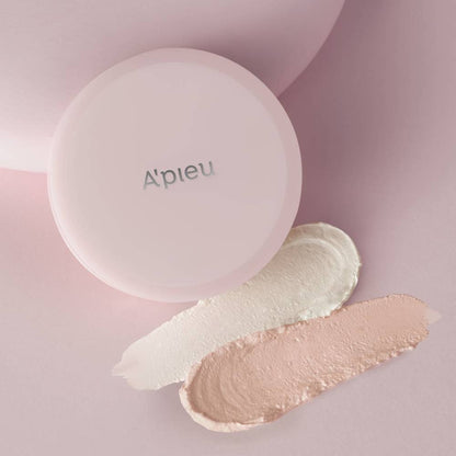 A'pieu Waterlock Skincare Primer Pink 14.7g compact with light beige and soft pink primer smears on pink surface