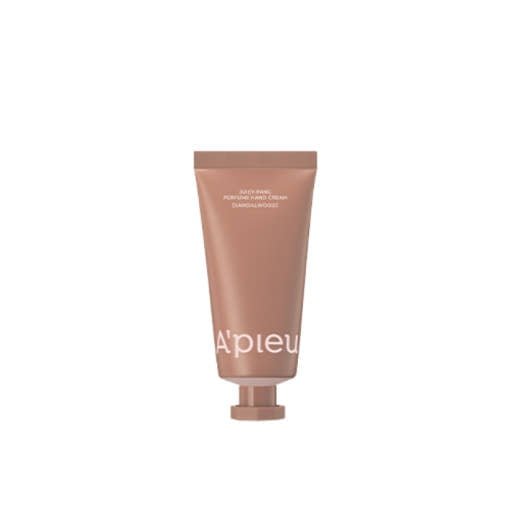 A'piew Juicy Pang Perfume Hand Cream 30ml #Sandalwood in matte brown tube with hydration boost benefits