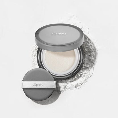 A'pieu Waterlock Finisher Super Velvet 13g in gray compact with white finishing powder and sponge for sebum control