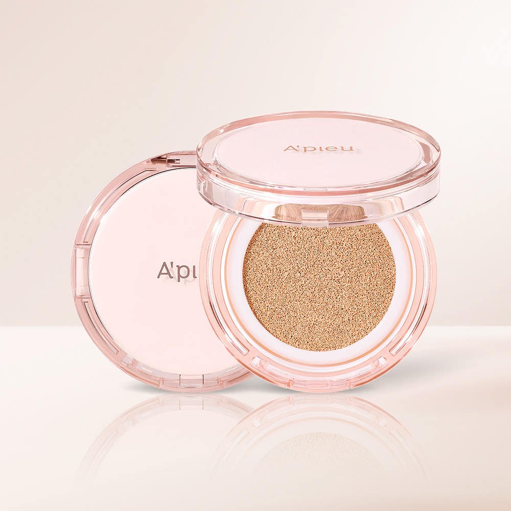 A'pieu Waterlock Cushion SPF50+ PA++++ 15g (2 Colors) with hydration boost in translucent pink compact case