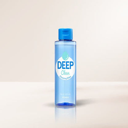 A'pieu Deep Clean Cleansing Water 150ml in clear blue bottle highlighting thorough cleansing benefits