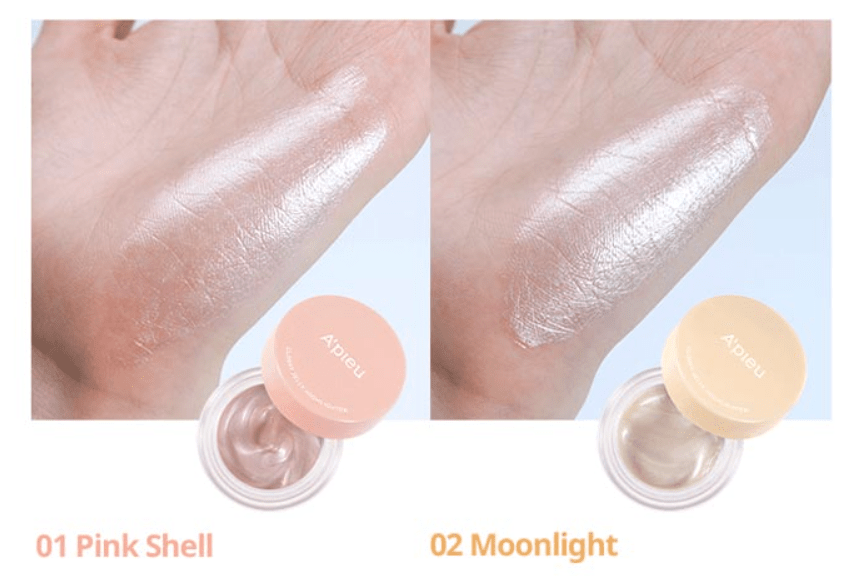 A'pieu Juicy Pang Glossy Jelly Highlighter 3.8g (2 Colors) swatched on skin showing luminous glow in Pink Shell and Moonlight shades