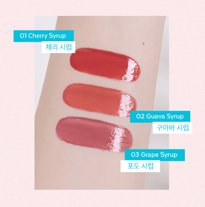 A'pieu Juicy Pang Dewy Glow Tint Mini 2g (3 Colors) swatches in Cherry Syrup, Guava Syrup, and Grape Syrup with hydration effect