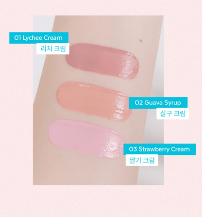 A'pieu Juicy Pang Bare Cream Blush Mini 2.3g (3 Colors) swatches showing lychee, guava, and strawberry shades