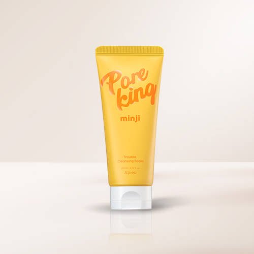 A'pieu Pore King Minji Trouble Cleansing Foam 200ml in bright yellow tube with thorough cleansing formula on light background