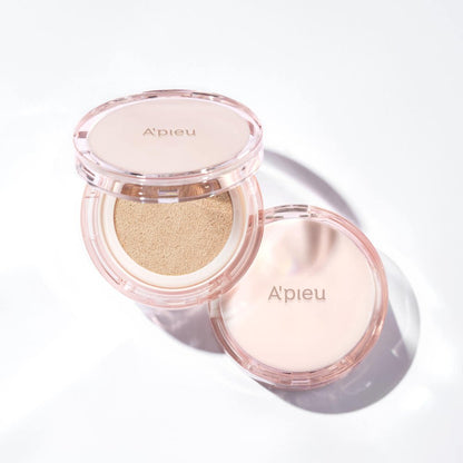A'pieu Waterlock Cushion SPF50+ PA++++ Set 15g + 15g(Refill) #21 Light Beige with opened compact on white background