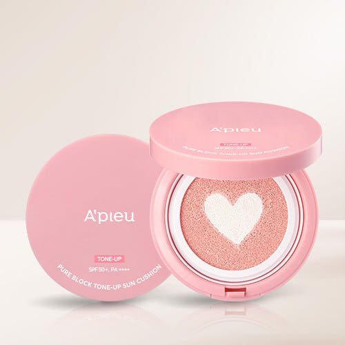 A'pieu Pure Block Tone-Up Sun Cushion SPF50+ PA++++ 11g in pink compact with heart design cushion for high protection