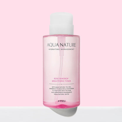 A'pieu Aqua Nature Rose Dew Drop Brightening Toner 500ml bottle with light pink liquid on soft pink background