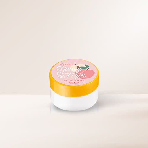 A'pieu Honey & Milk Daily Lip Mask 6g (3 Flavours) in white jar with yellow lid and peach design for moisture boost