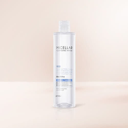 A'pieu Micellar Cleansing Water (Fresh) 330ml clear bottle with gentle cleansing formula on soft beige background