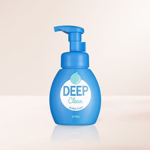 A'pieu Deep Clean Bubble Foam 200ml in blue pump bottle with moisturizing effect for gentle facial cleansing
