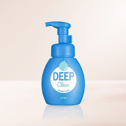 A'pieu Deep Clean Bubble Foam 200ml in blue pump bottle with moisturizing effect for gentle facial cleansing